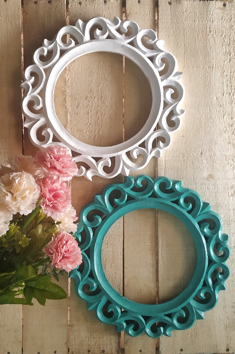White Teal Round Wooden Wall Frame (Set of 2)