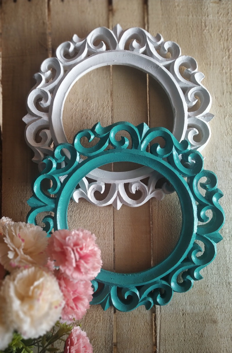 White Teal Round Wooden Wall Frame (Set of 2)