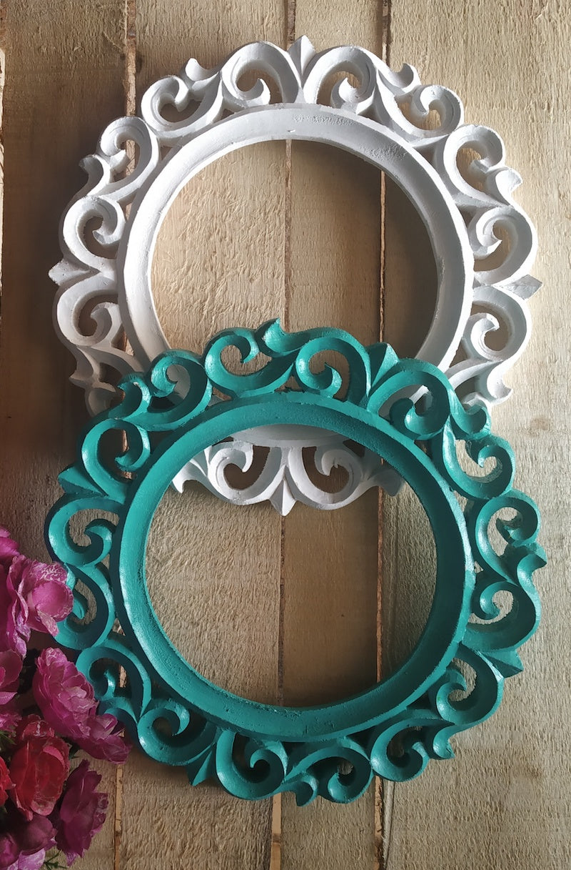 White Teal Round Wooden Wall Frame (Set of 2)