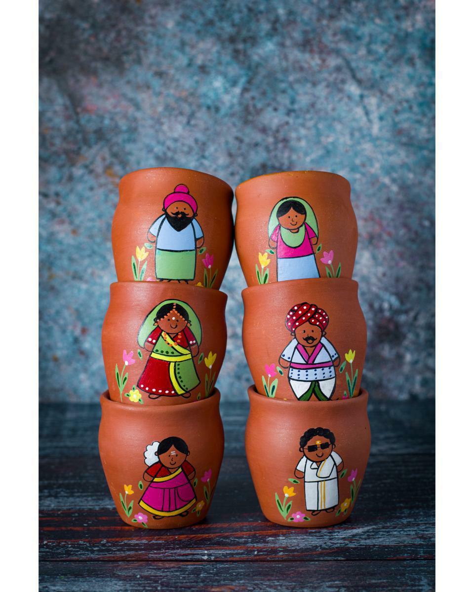 Handpainted Terracotta Kullhad  Indian Theme (Set Of 6)