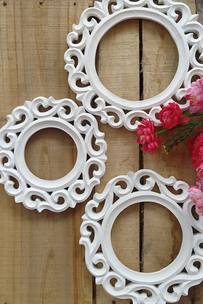 White Circular Wall Decorative Wooden Frame (Set of 3)