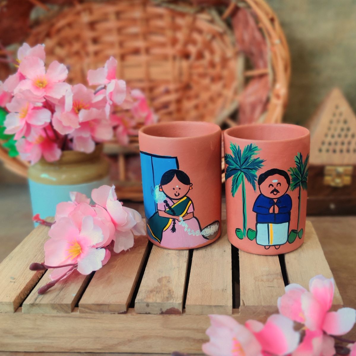 Handpainted Terracotta Indian Themed Tumblers (Set Of 2)