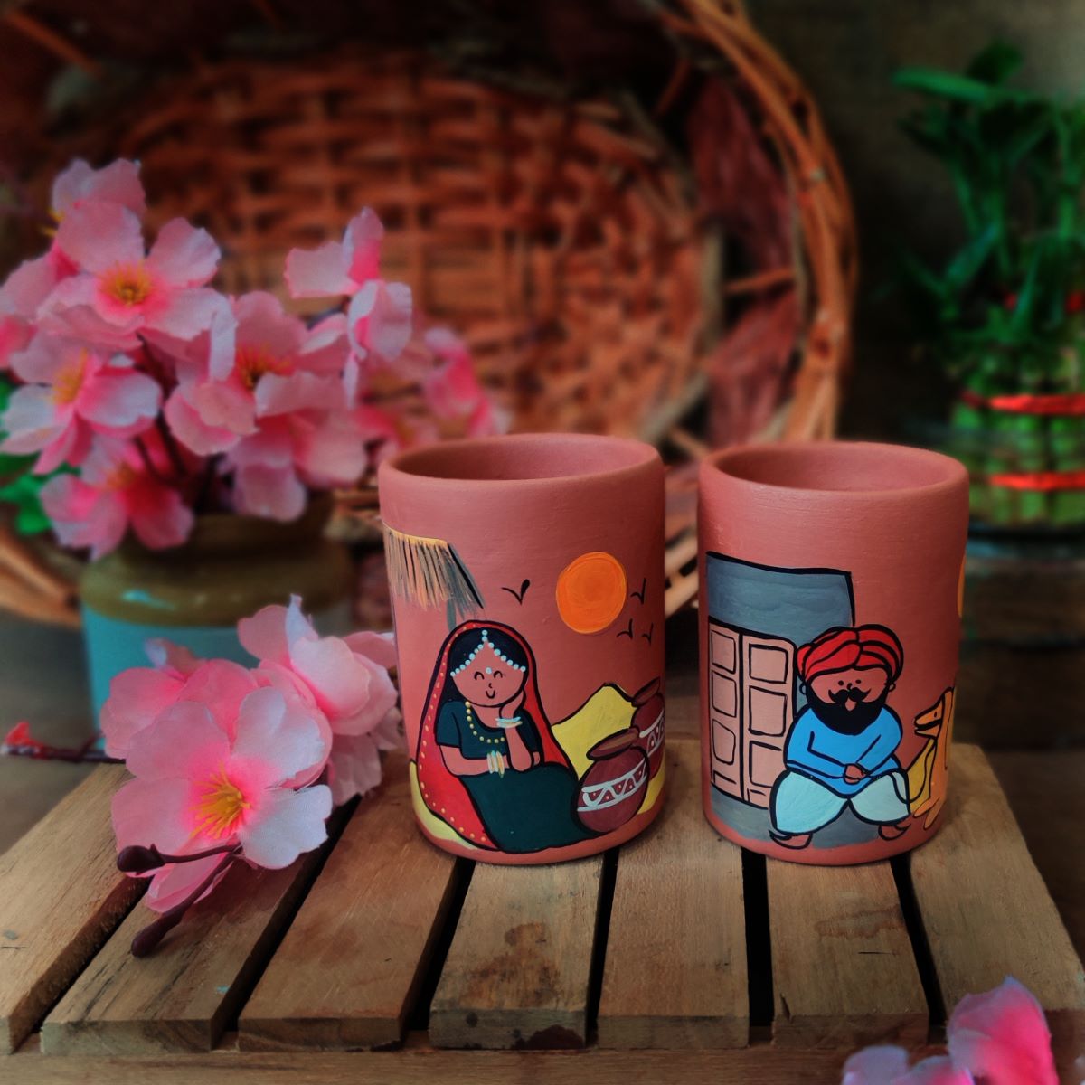 Handpainted Terracotta Indian Themed Tumblers (Set Of 2)