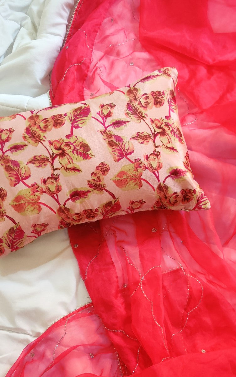 Floral Printed Peach-Pink Cushion Cover