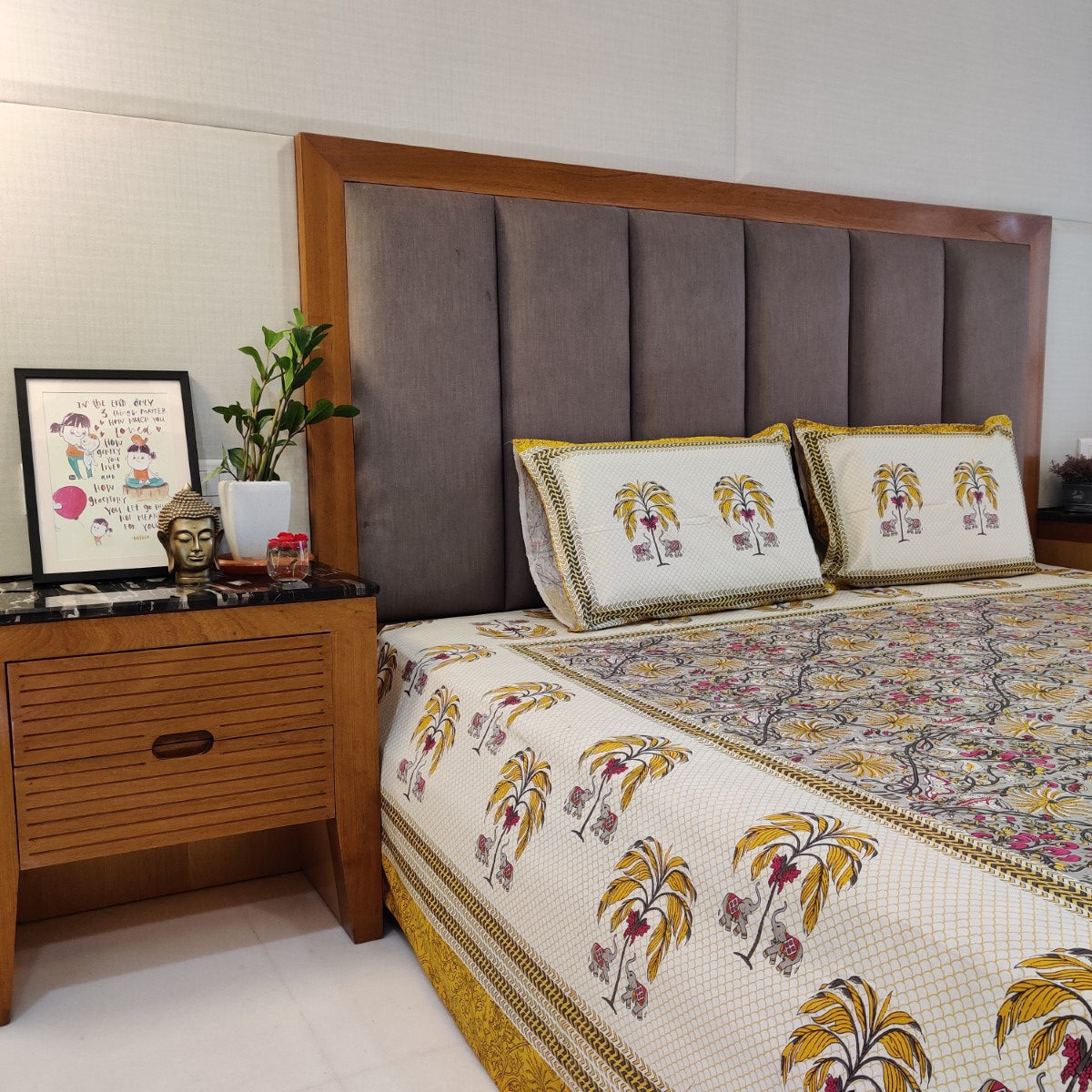 Elephant and Palm Tree Handblock Printed Cotton Bedsheet With Pillow Covers
