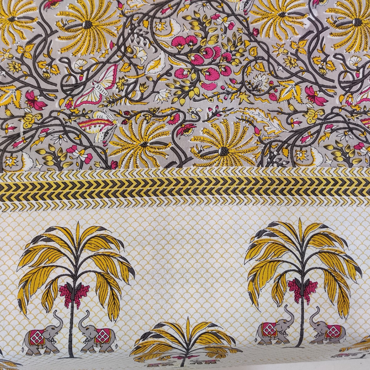 Elephant and Palm Tree Handblock Printed Cotton Bedsheet With Pillow Covers