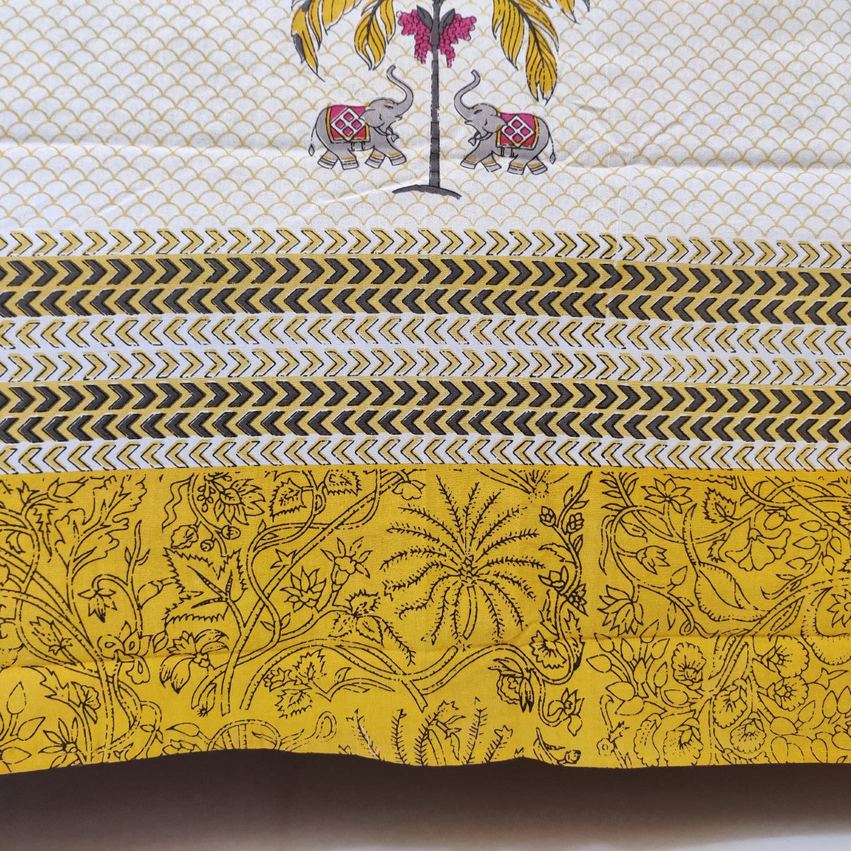 Elephant and Palm Tree Handblock Printed Cotton Bedsheet With Pillow Covers