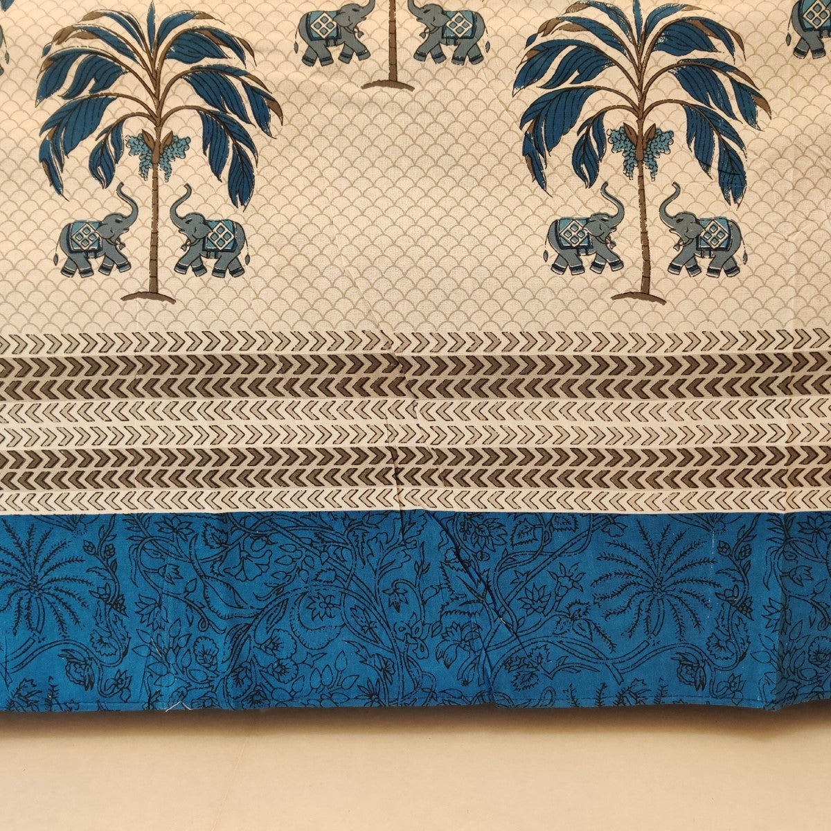 Elephant and Palm Tree Handblock Printed Cotton Bedsheet With Pillow Covers