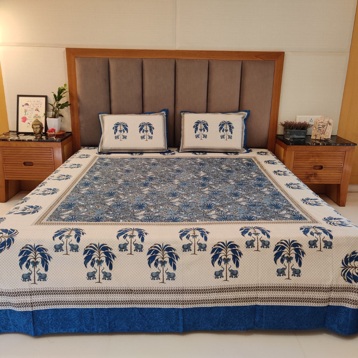 Elephant and Palm Tree Handblock Printed Cotton Bedsheet With Pillow Covers
