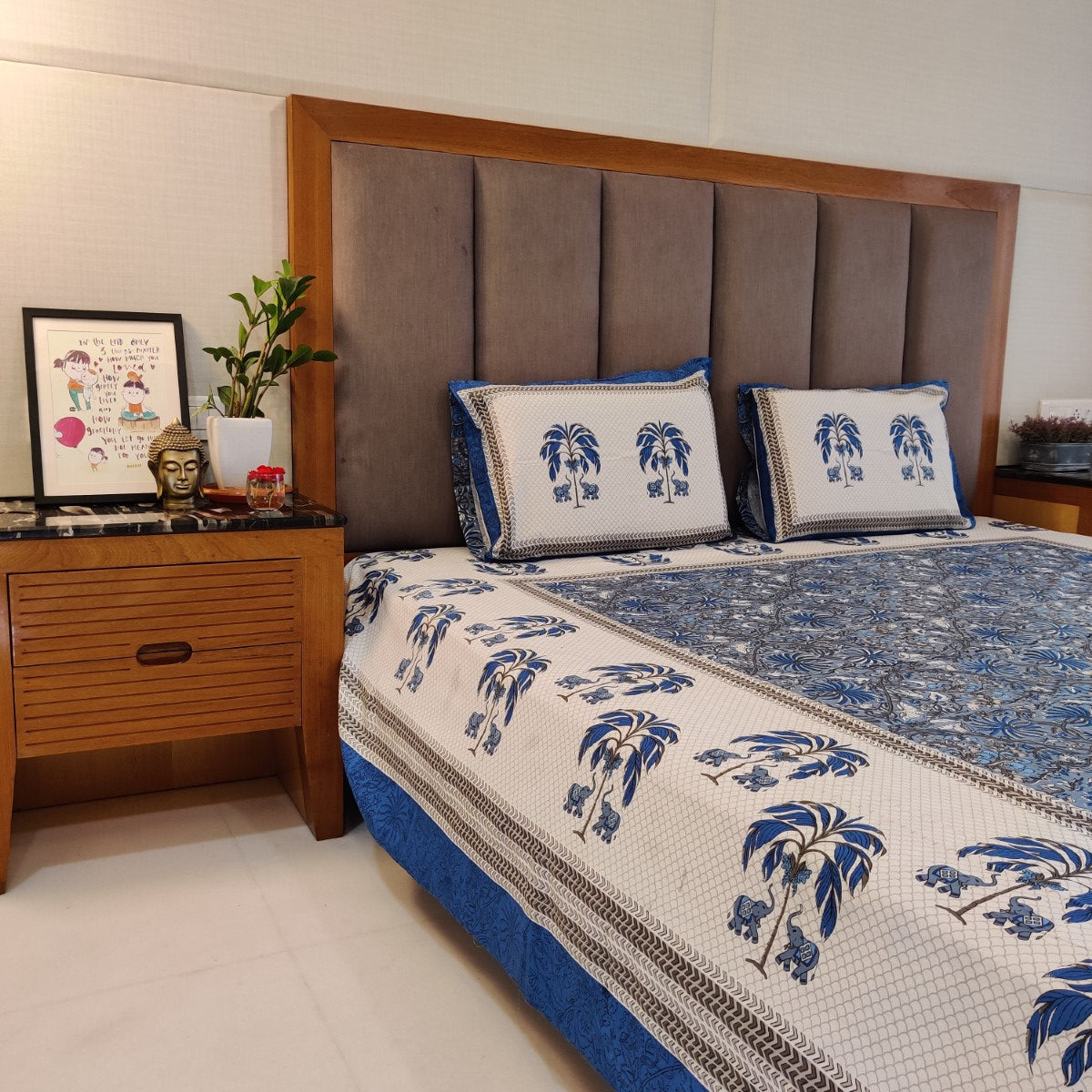 Elephant and Palm Tree Handblock Printed Cotton Bedsheet With Pillow Covers