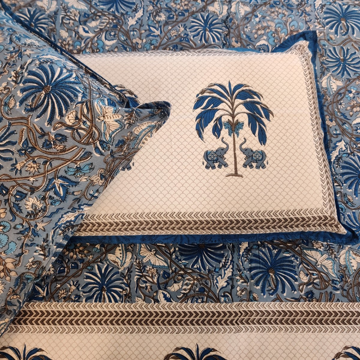 Elephant and Palm Tree Handblock Printed Cotton Bedsheet With Pillow Covers