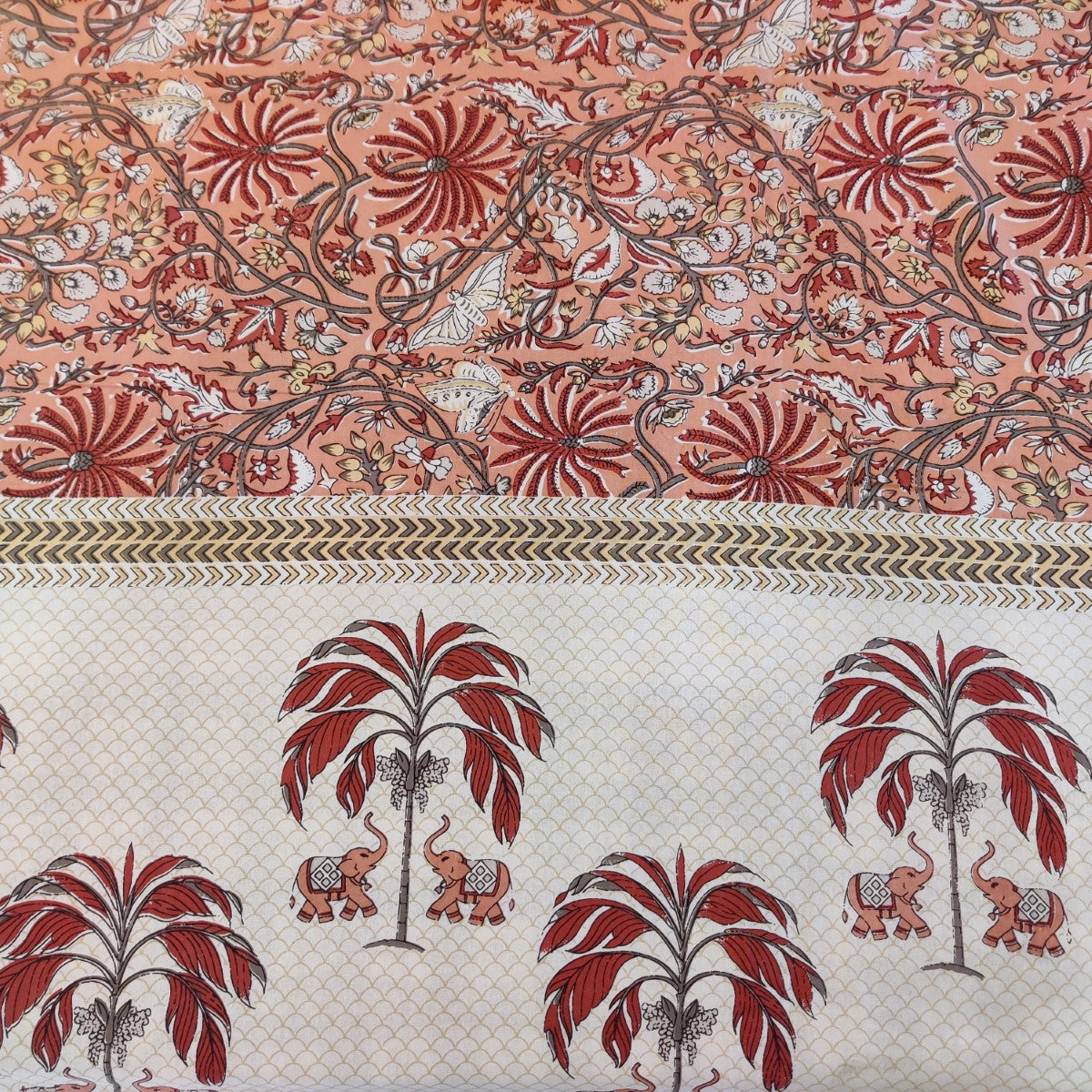 Elephant and Palm Tree Handblock Printed Cotton Bedsheet With Pillow Covers