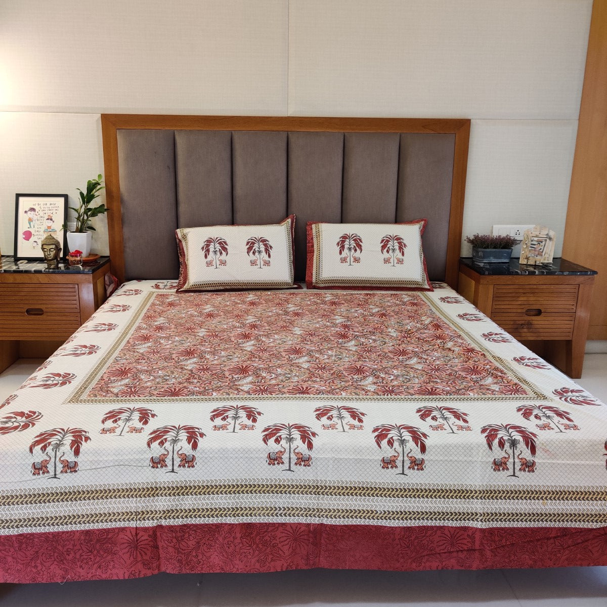 Elephant and Palm Tree Handblock Printed Cotton Bedsheet With Pillow Covers