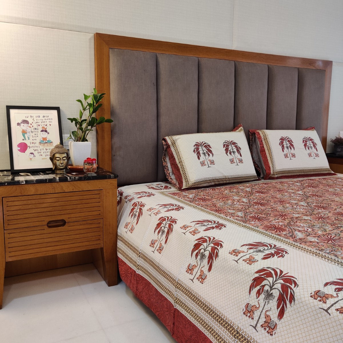 Elephant and Palm Tree Handblock Printed Cotton Bedsheet With Pillow Covers