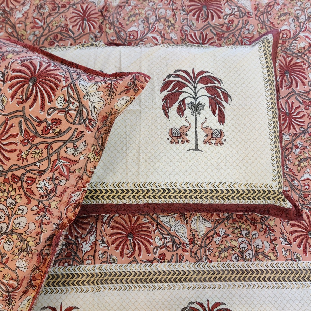 Elephant and Palm Tree Handblock Printed Cotton Bedsheet With Pillow Covers