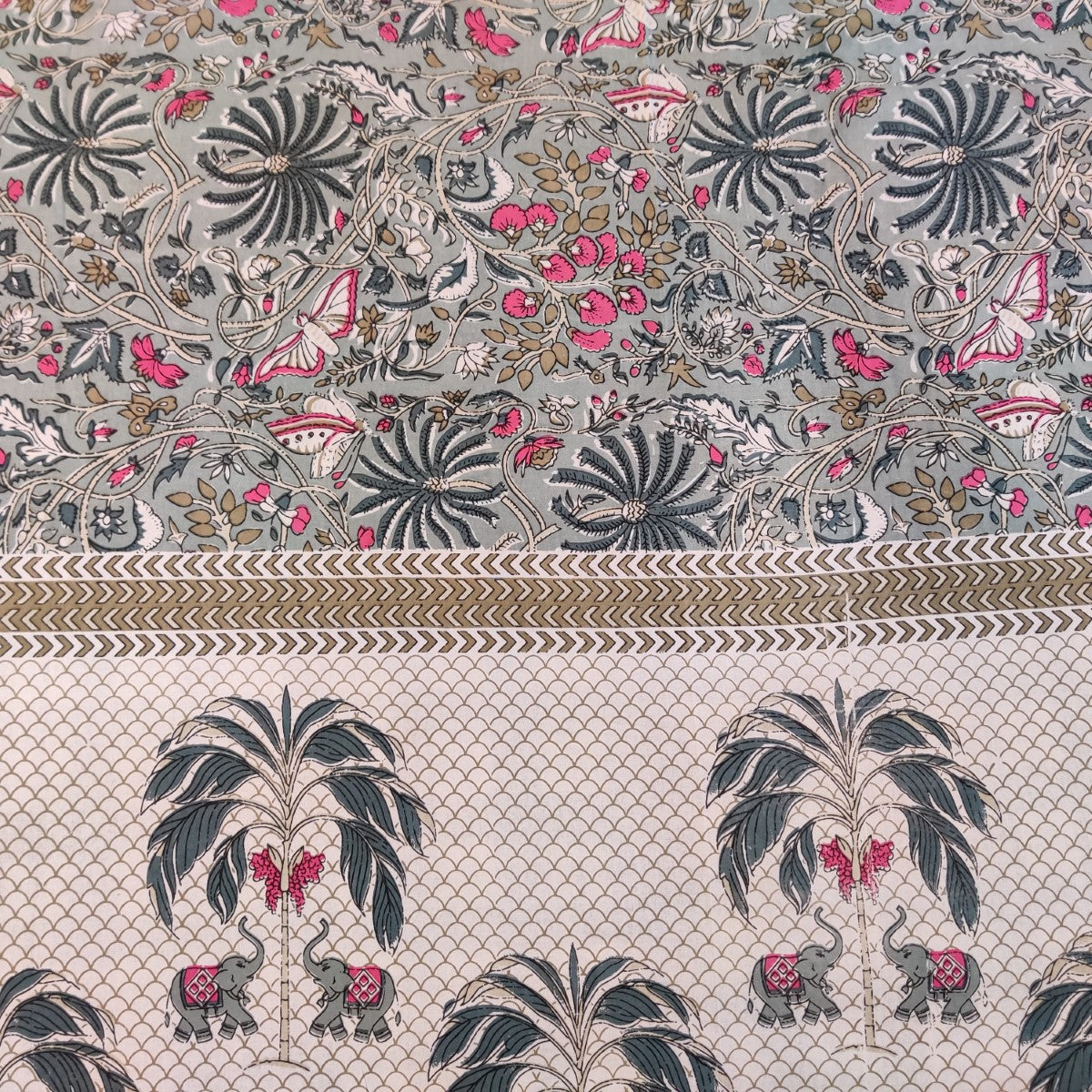 Elephant and Palm Tree Handblock Printed Cotton Bedsheet With Pillow Covers