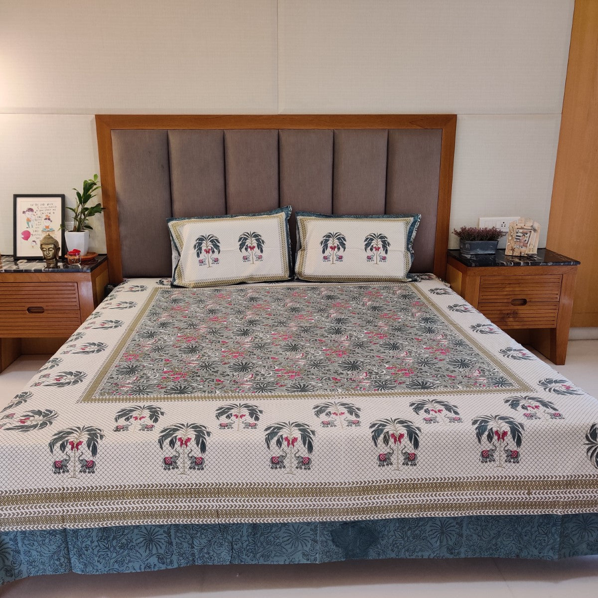 Elephant and Palm Tree Handblock Printed Cotton Bedsheet With Pillow Covers