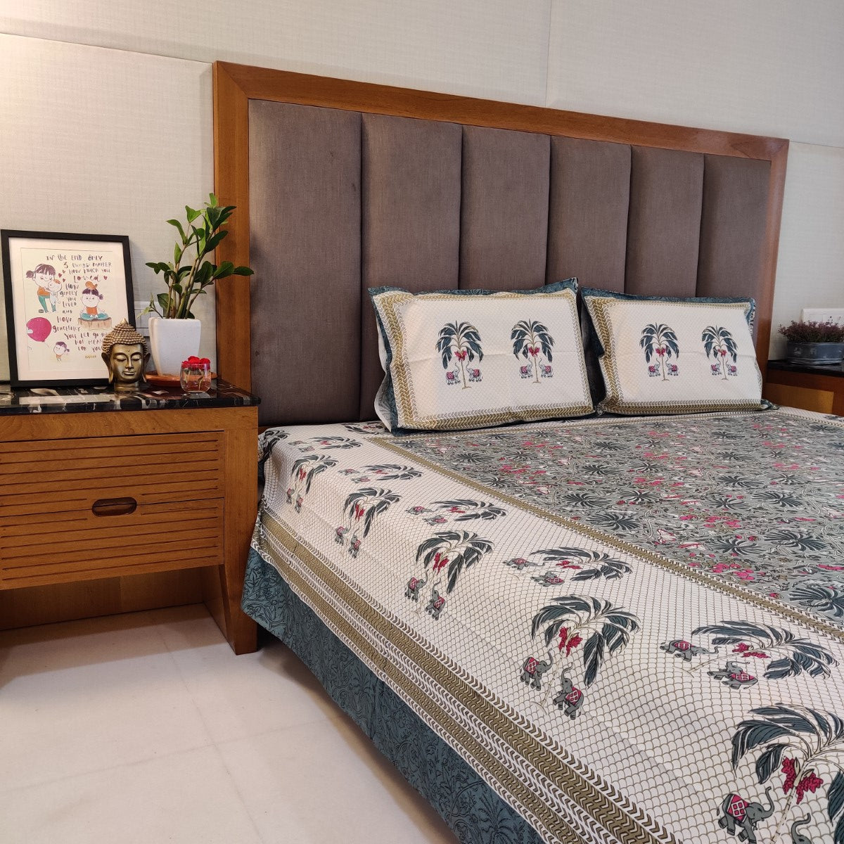 Elephant and Palm Tree Handblock Printed Cotton Bedsheet With Pillow Covers