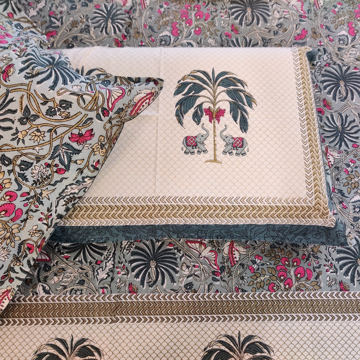 Elephant and Palm Tree Handblock Printed Cotton Bedsheet With Pillow Covers