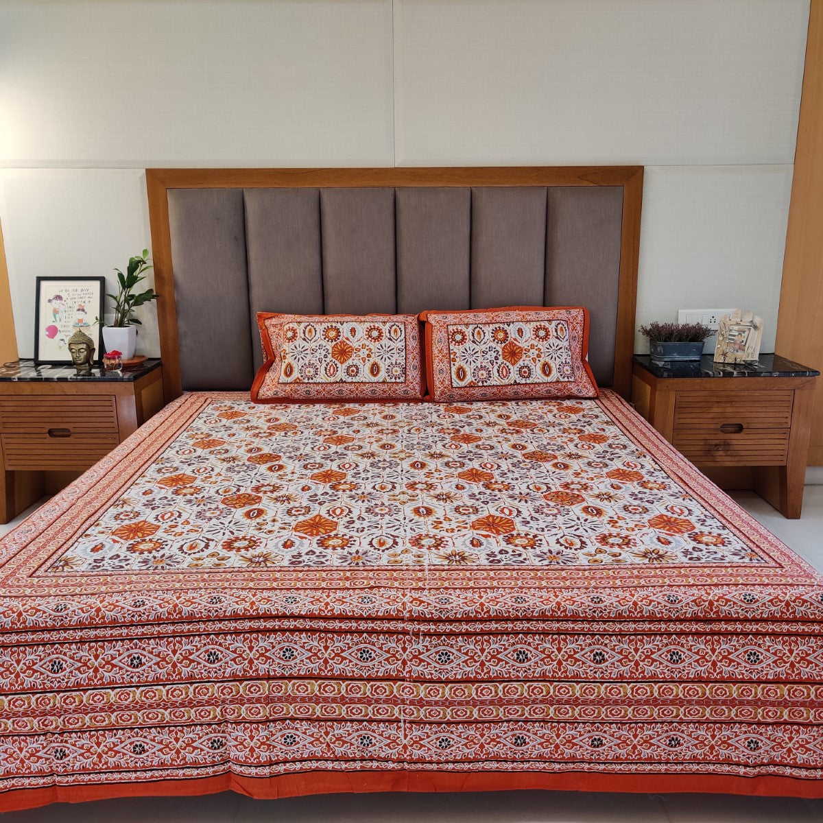 Moroccan Handblock Printed Cotton Bedsheet With Pillow Covers