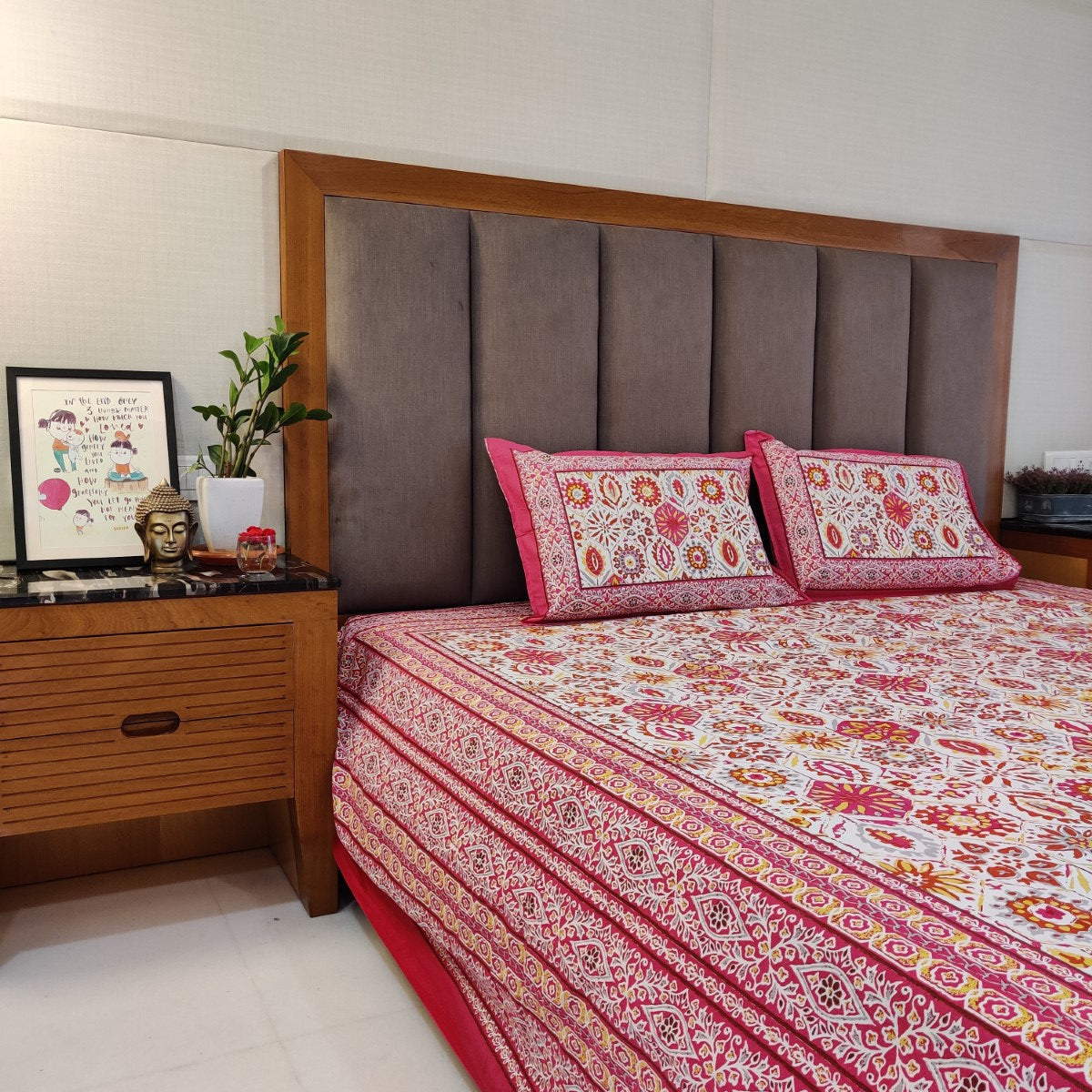 Moroccan Handblock Printed Cotton Bedsheet With Pillow Covers