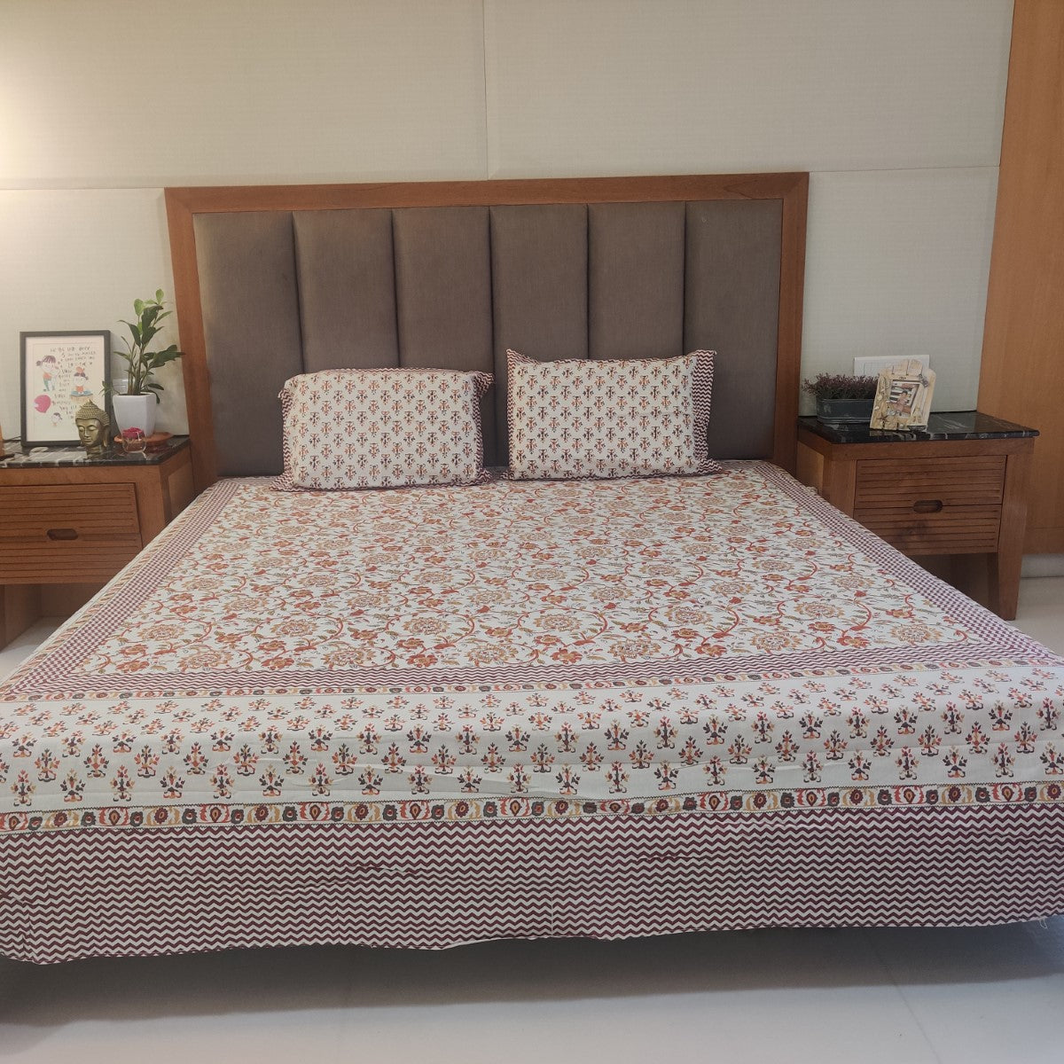 Maroon Floral Bedsheet With Pillow Covers