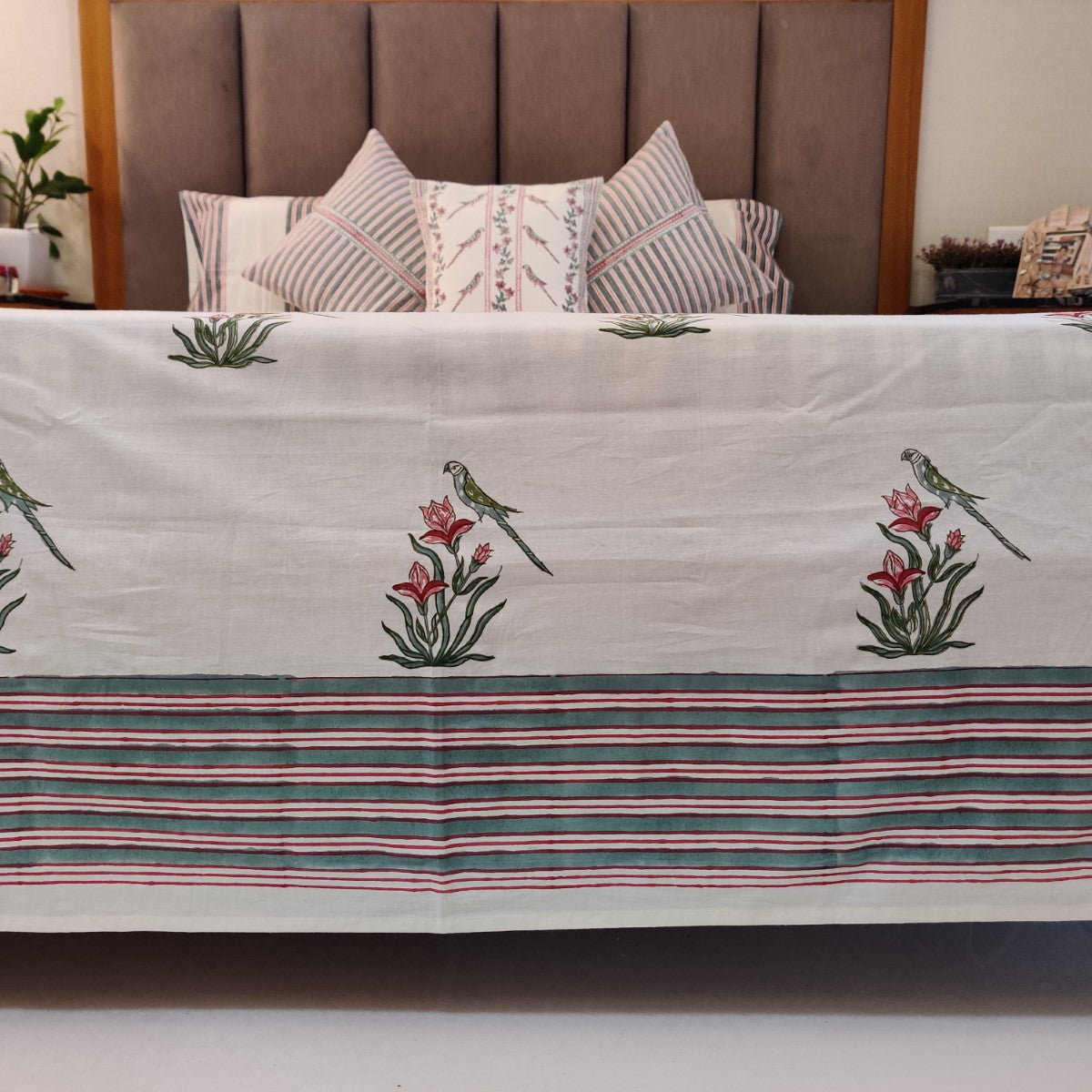 Pink and Green Parakeet Handblock Printed Cotton Bedsheet With Pillow Covers