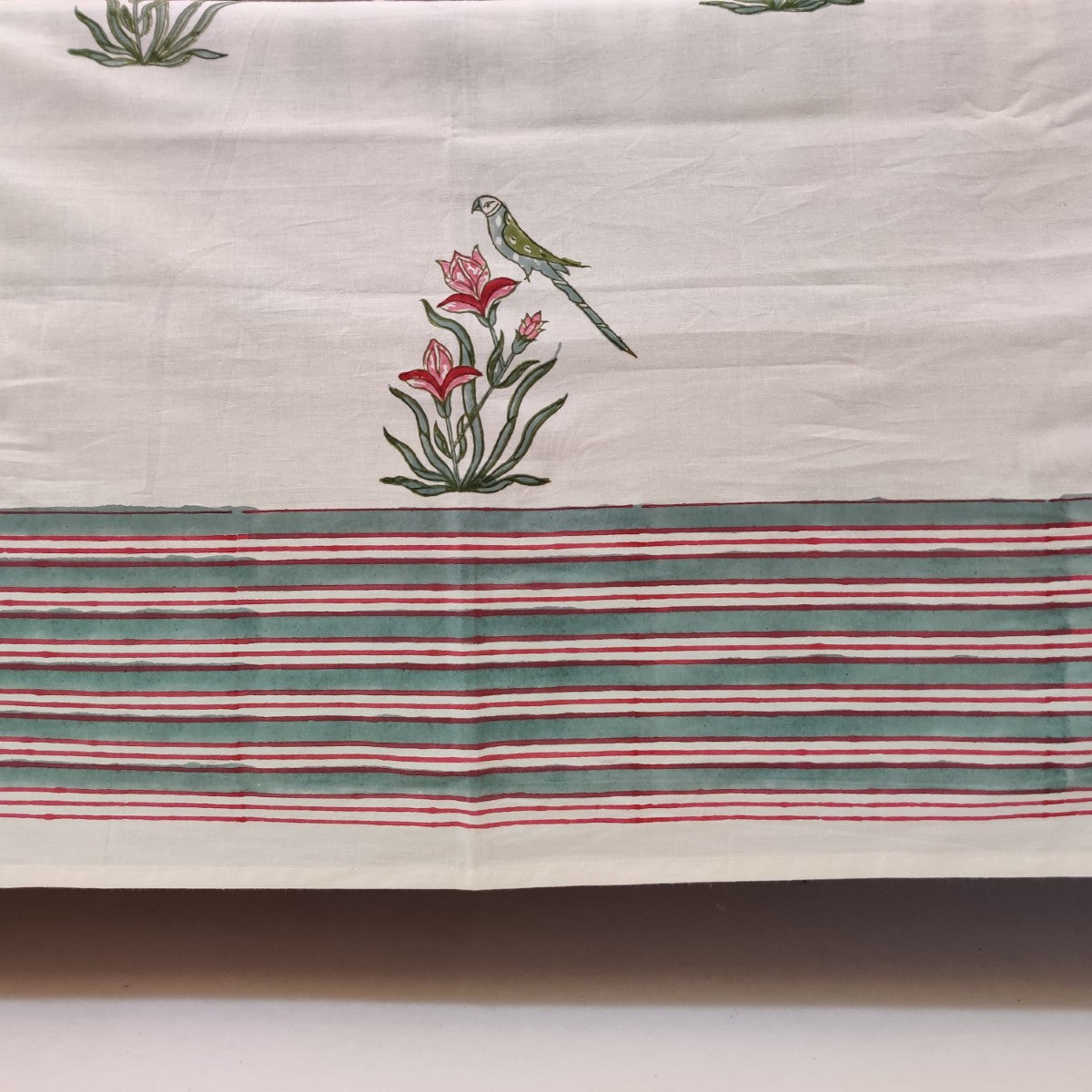 Pink and Green Parakeet Handblock Printed Cotton Bedsheet With Pillow Covers