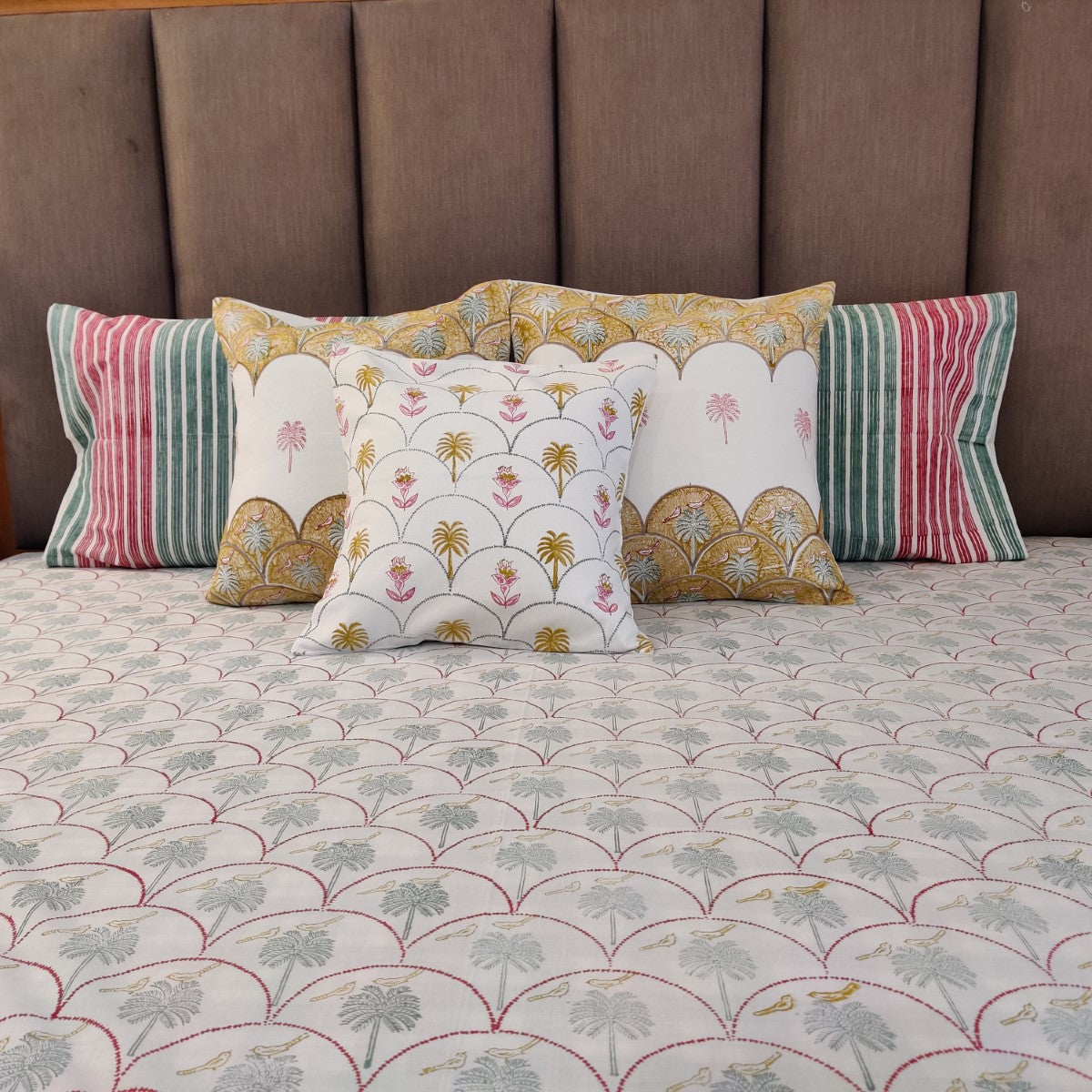 Tota and Myna Handblock Printed Cotton Bedsheet With Pillow Covers