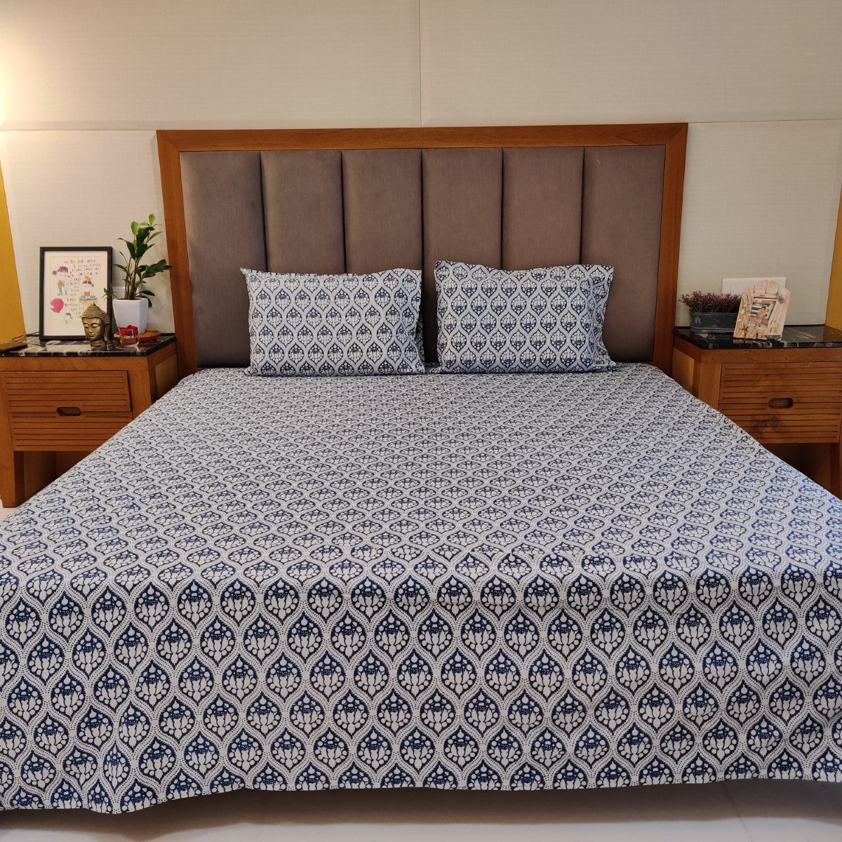 Indigo Blue Cotton Bedsheet With Pillow Covers