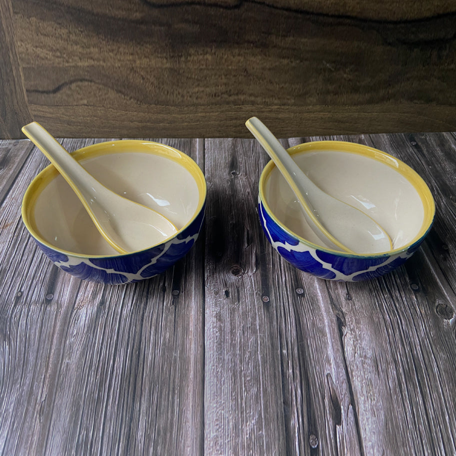 Handmade Blue Moroccan Soup Bowl with Spoon (Set of 4)