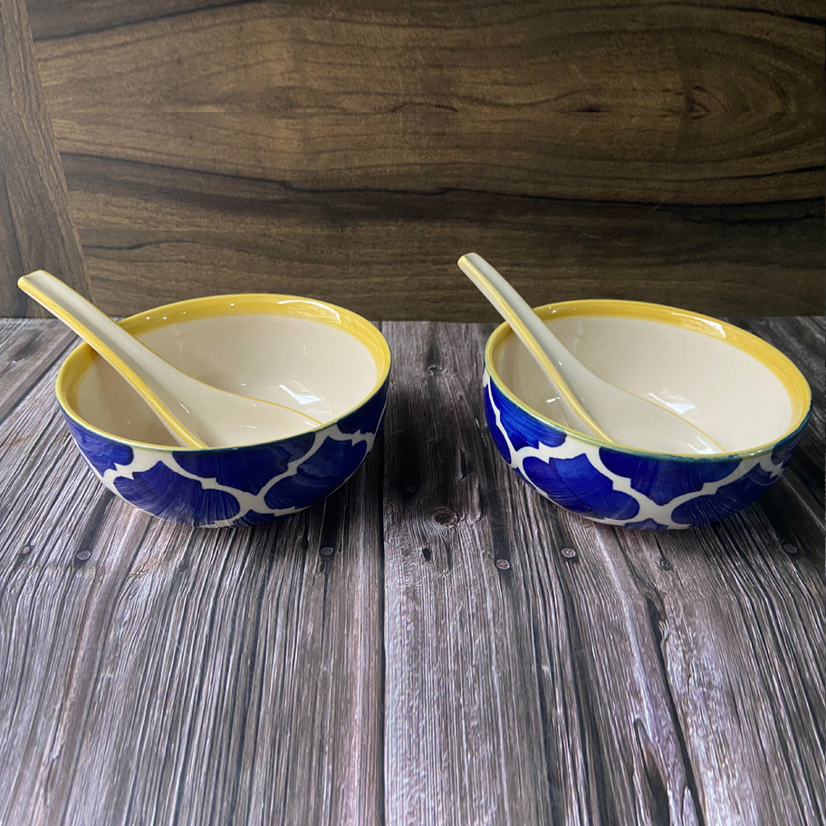 Handmade Blue Moroccan Soup Bowl with Spoon (Set of 4)