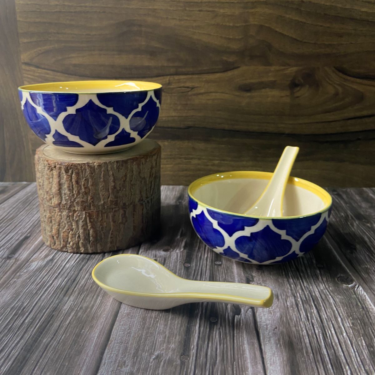 Handmade Blue Moroccan Soup Bowl with Spoon (Set of 4)