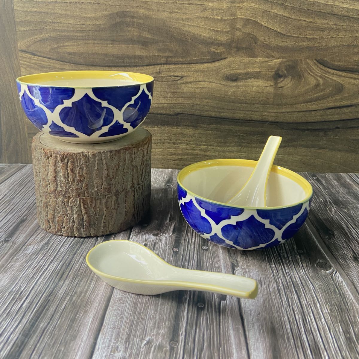 Handmade Blue Moroccan Soup Bowl with Spoon (Set of 4)