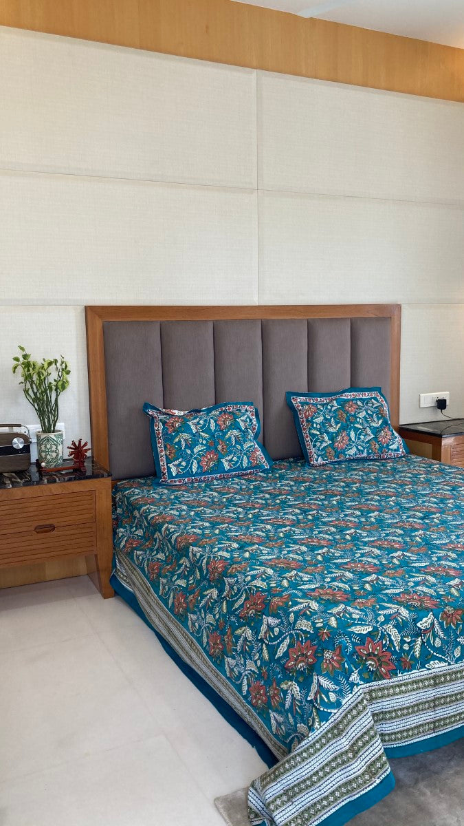 Blue Handblock Printed Bedsheet With Pillow Covers