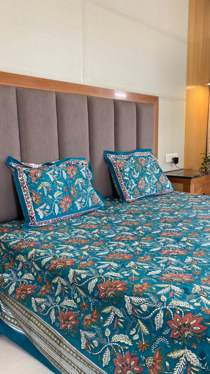 Blue Handblock Printed Bedsheet With Pillow Covers