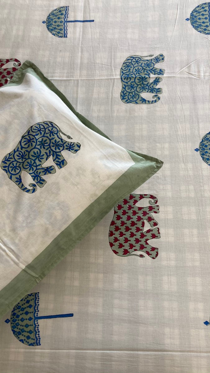 Appu Haathi Handblock Printed Cotton Bedsheet With Pillow Covers