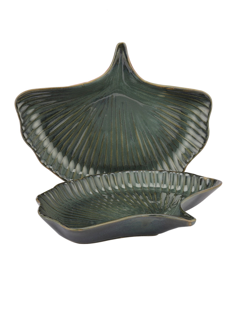 Peacock Exotic Glazed Leaf Ceramic Platters (Set of 2)
