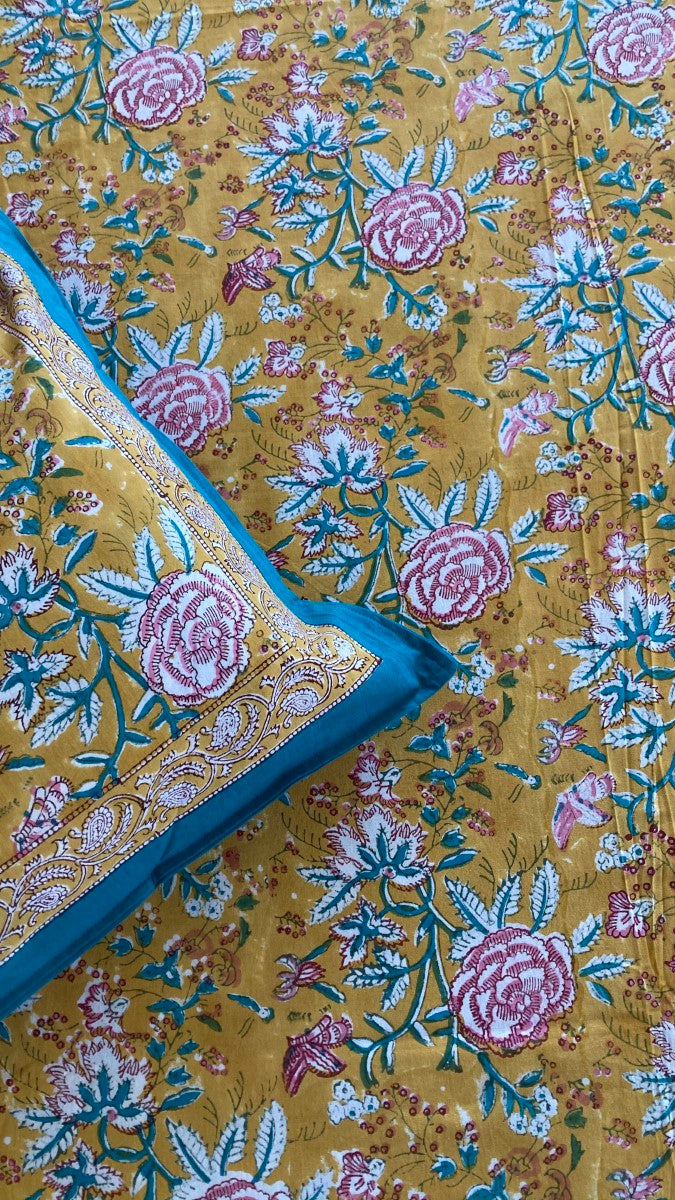 Summer Paradise Handblock Printed Cotton Bedsheet With Pillow Covers