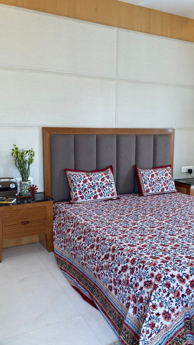 Valley of Flowers Handblock Printed Bedsheet With Pillow Covers
