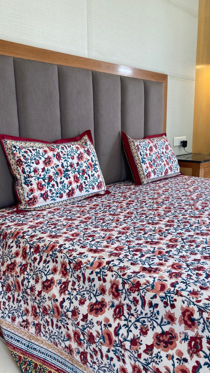 Valley of Flowers Handblock Printed Bedsheet With Pillow Covers