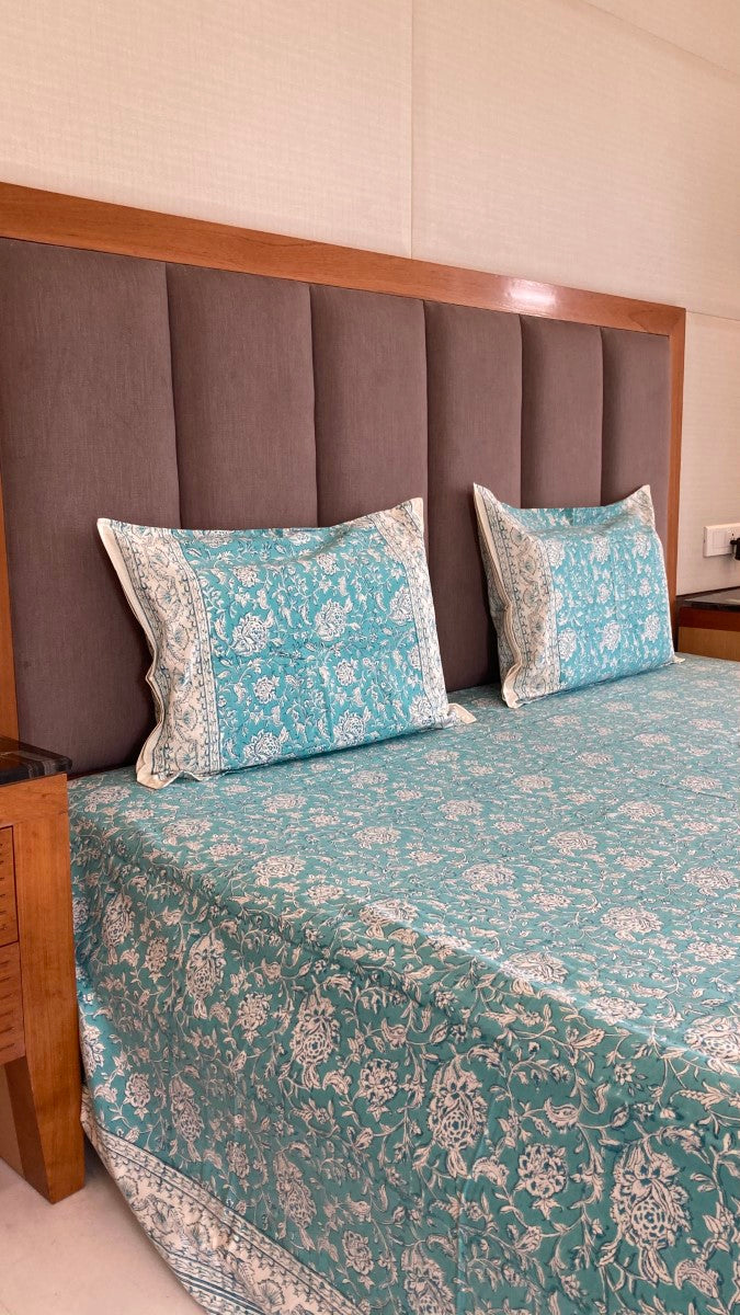 Handblock Printed Powder Blue Bedsheet With Pillow Covers