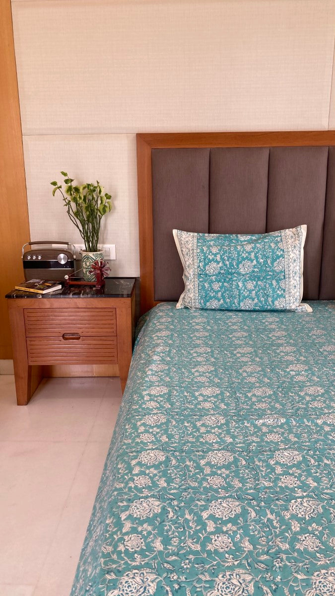 Handblock Printed Powder Blue Bedsheet With Pillow Covers