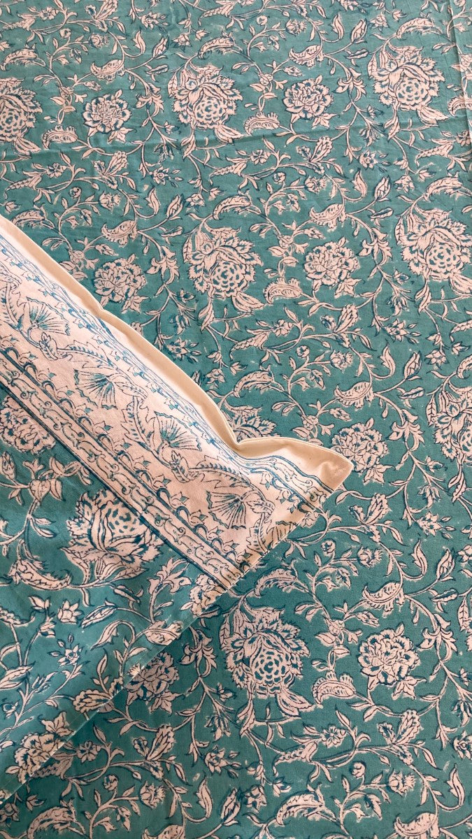 Handblock Printed Powder Blue Bedsheet With Pillow Covers