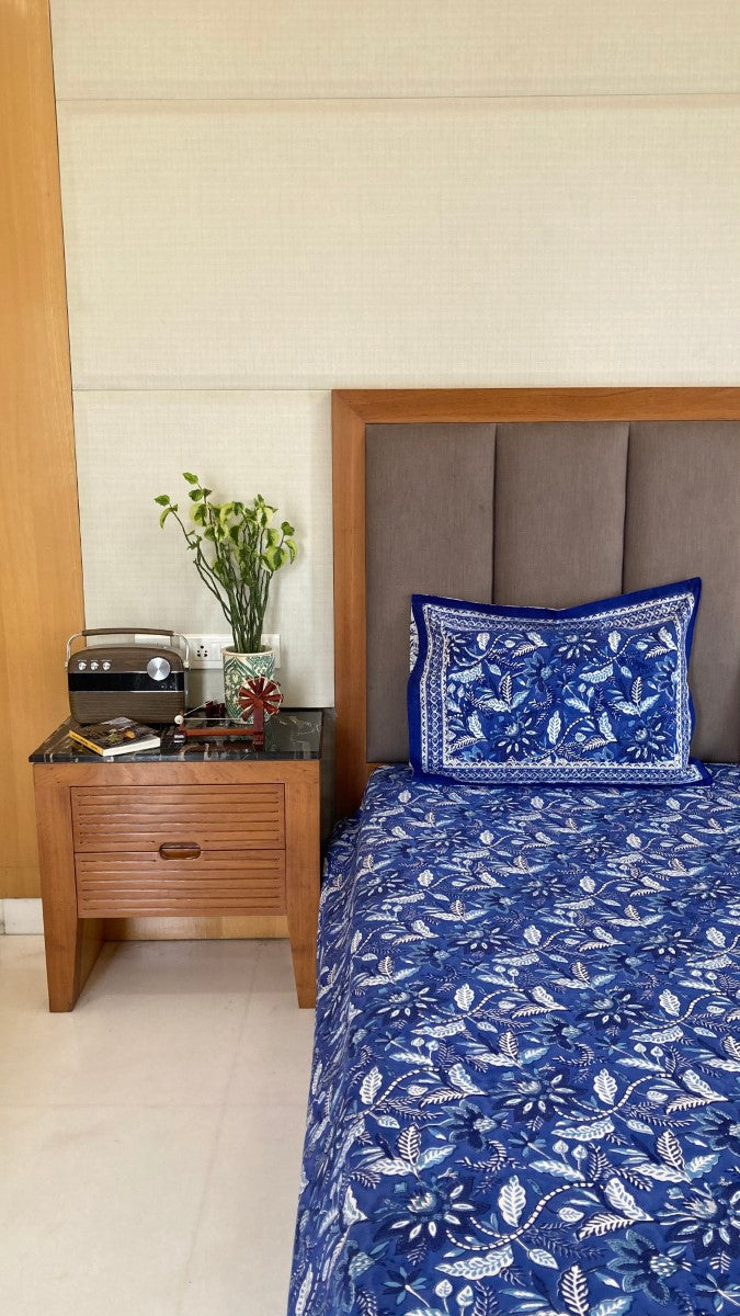 Indigo Flower Handblock Printed Cotton Bedsheet With Pillow Covers