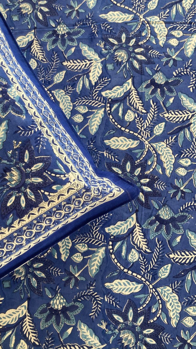 Indigo Flower Handblock Printed Cotton Bedsheet With Pillow Covers
