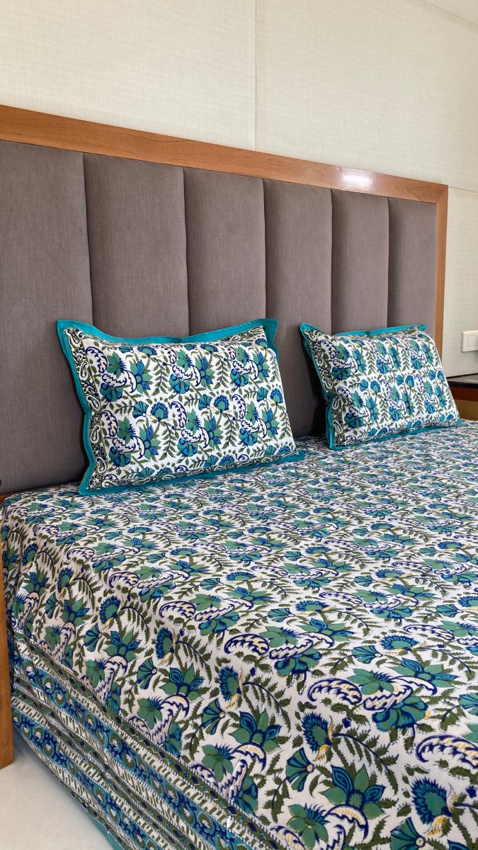 Handblock Printed Moroccan Green and Blue Bedsheet With Pillow Covers