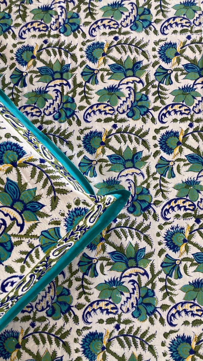 Handblock Printed Moroccan Green and Blue Bedsheet With Pillow Covers