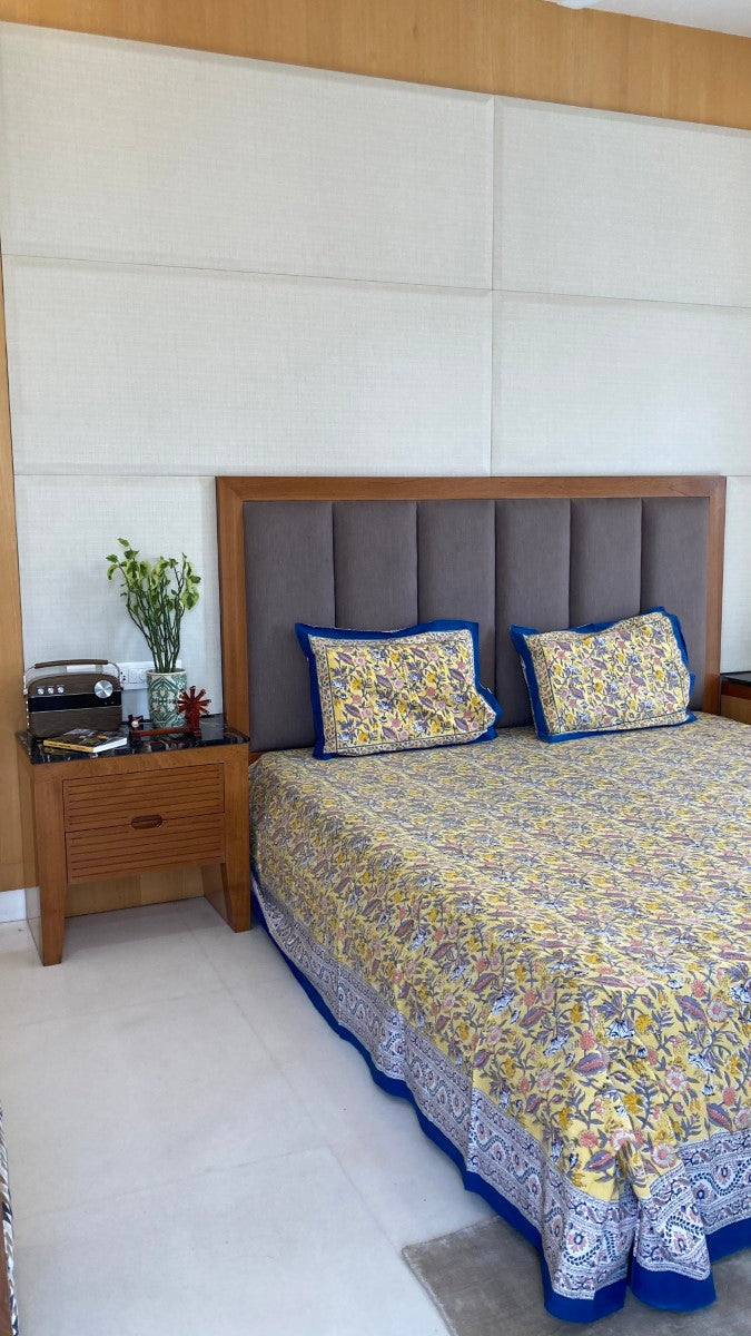 Pastel Yellow And Blue Handblock Printed Cotton Bedsheet With Pillow Covers