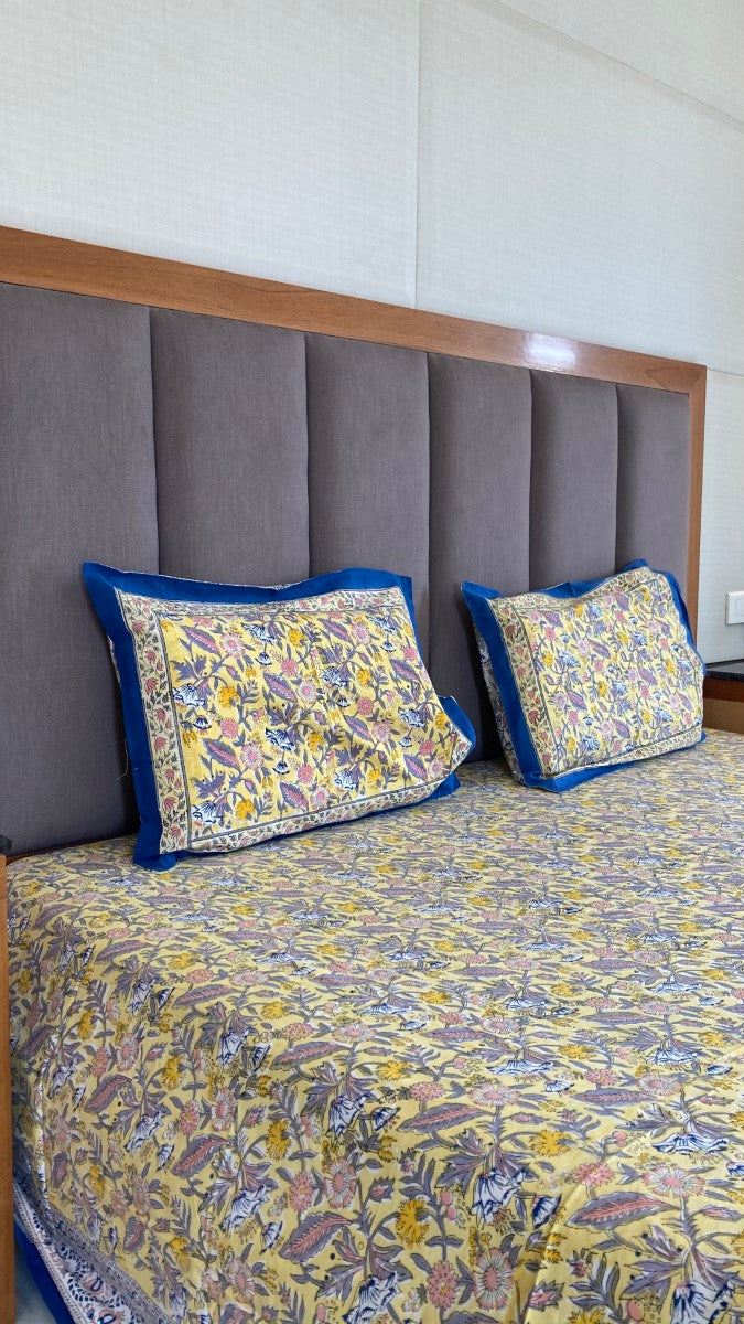 Pastel Yellow And Blue Handblock Printed Cotton Bedsheet With Pillow Covers